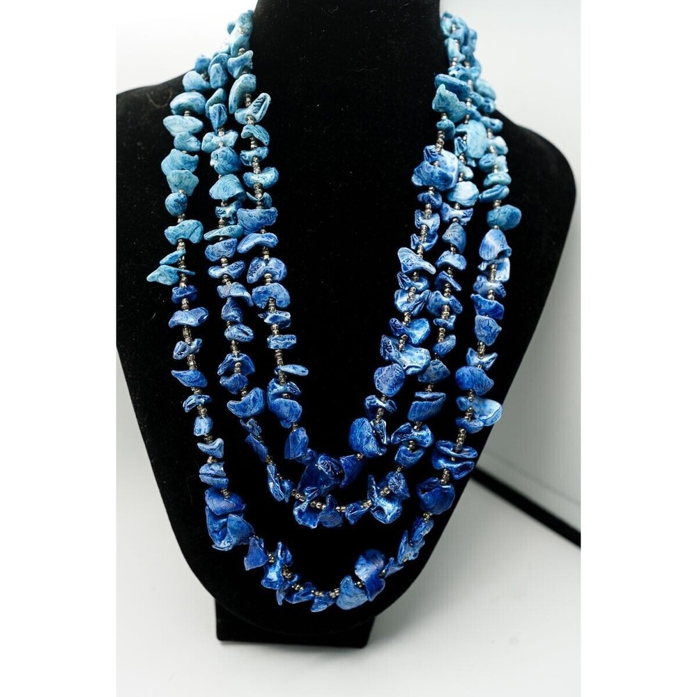 Bright Blue shell triple strand statement necklace‎ beachy nautical vacation 22"
